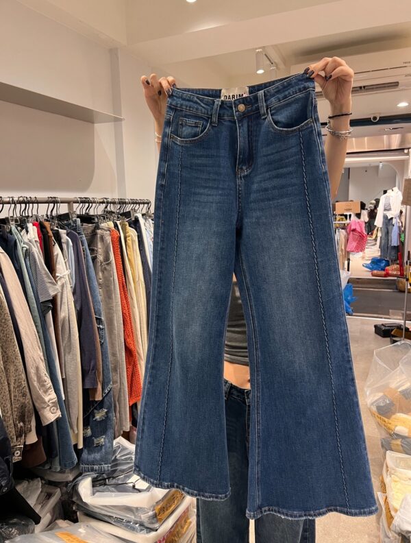 質感彈力側虛線微喇叭牛仔長褲/S-XL