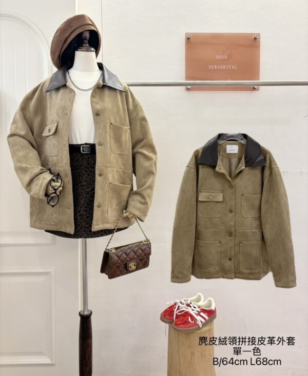 麂皮絨拼接皮革外套